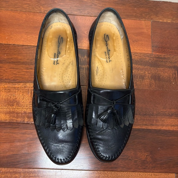 Santoni sz 12 EE Italian Leather Tassel Loafers Black - Picture 2 of 7